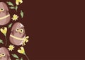 poster template with an icon of a brown owl sitting in a brown egg with a bow and with colorful flowers on a brown background Royalty Free Stock Photo